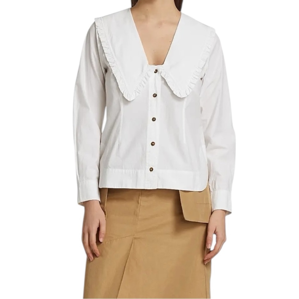 Ganni White Poplin Blouse with Ruffled Peter Pan Collar